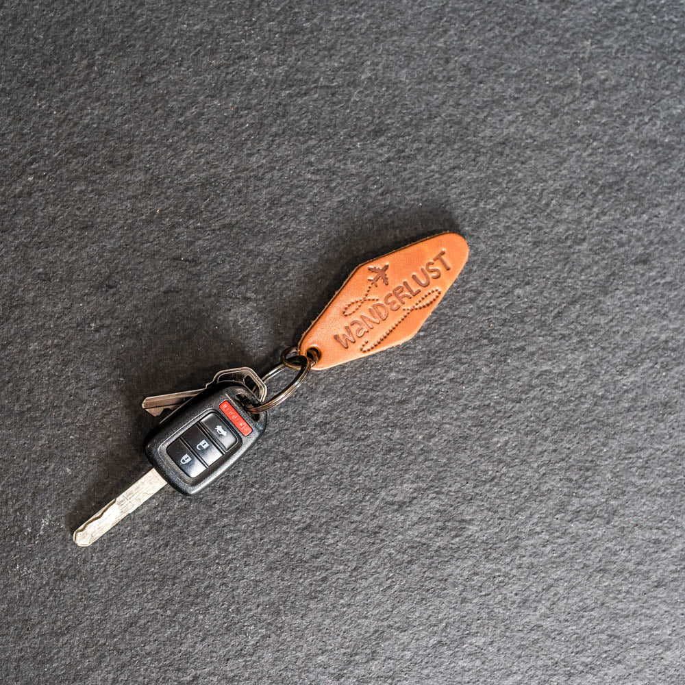 Leather Motel Key Shape Keychain with Wanderlust Stamp Design – Ox