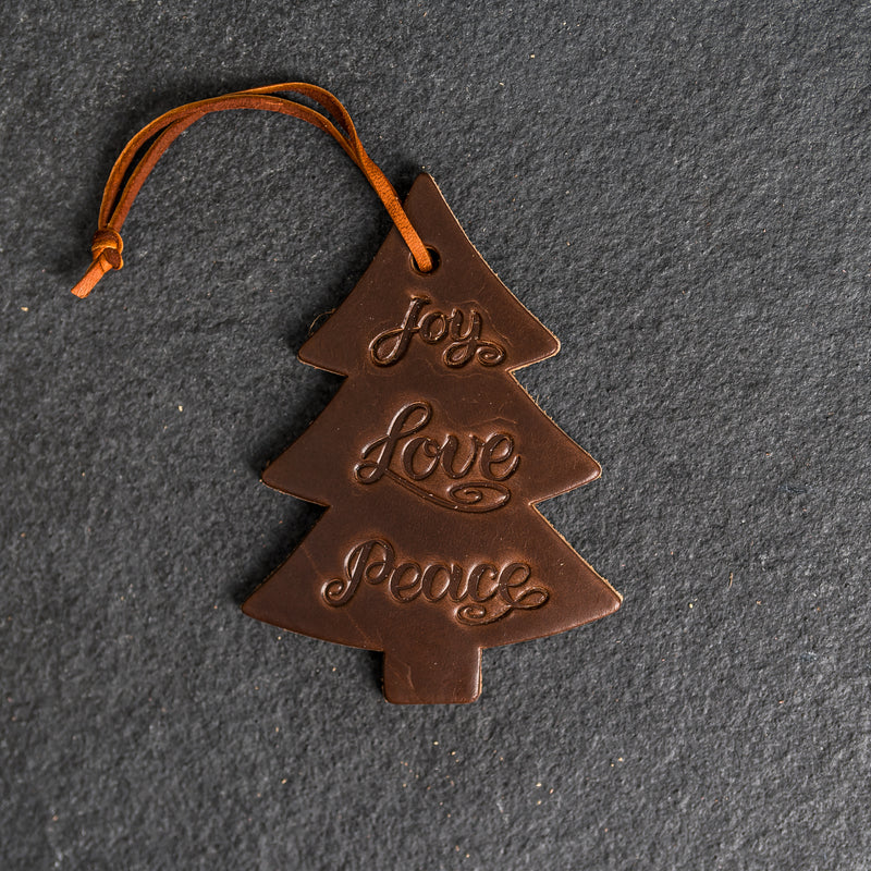 Joy Love Peace Leather Christmas Ornament - Tree Shape | Stocking Tags