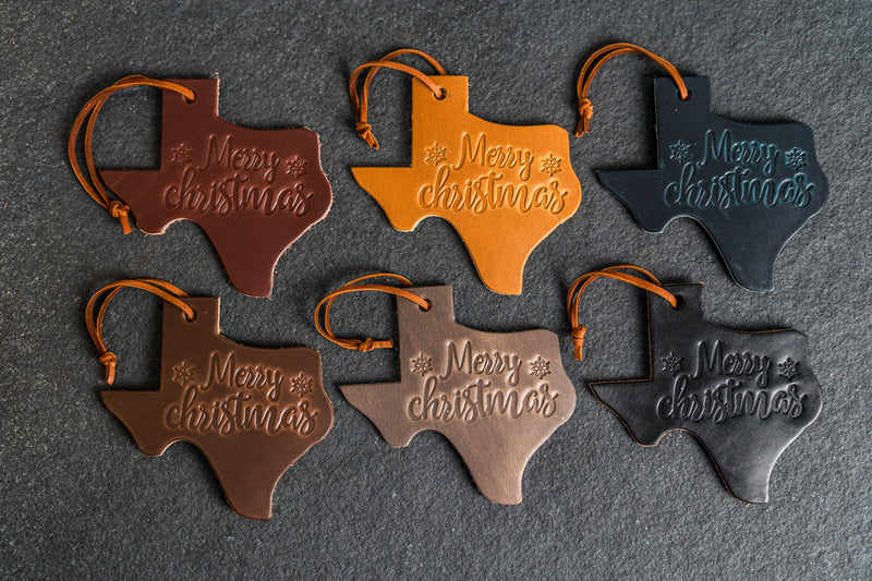Merry Christmas Texas Shape Leather Christmas Ornament | Stocking Tags