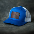 4th of July Flag Hat Leather Patch Trucker Hat Ox & Pine Leather Goods Blue Hat with American Flag