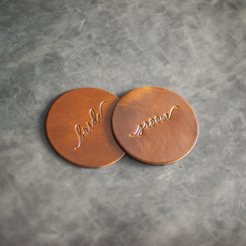Bride and Groom Wedding Leather Coasters - Harvest Leather Color from Ox & Pine Leather Goods