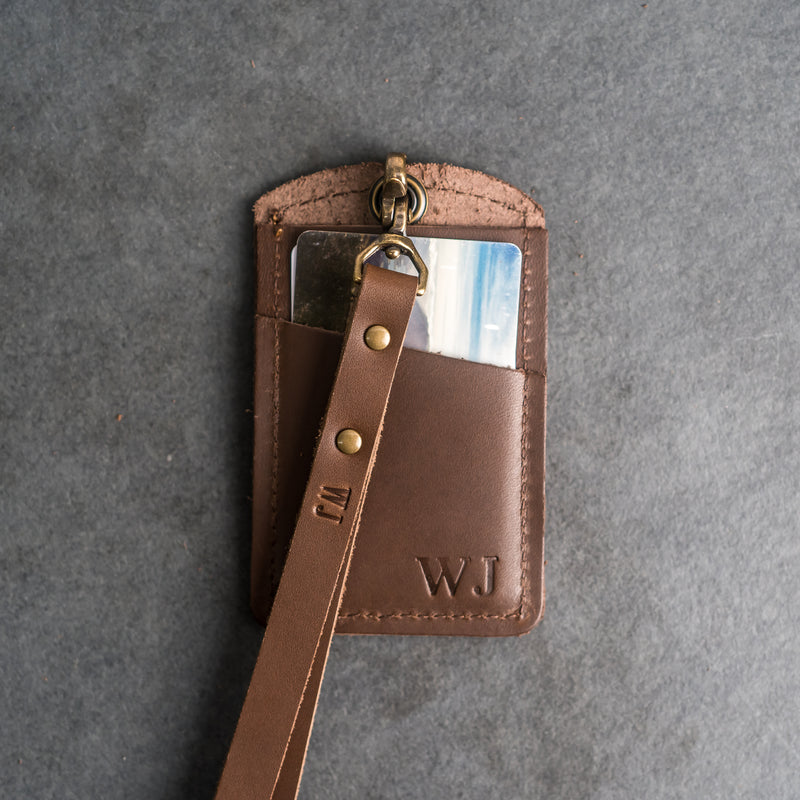 Leather ID Card Holder with Lanyard | Personalized Leather Badge Holder with Lanyard