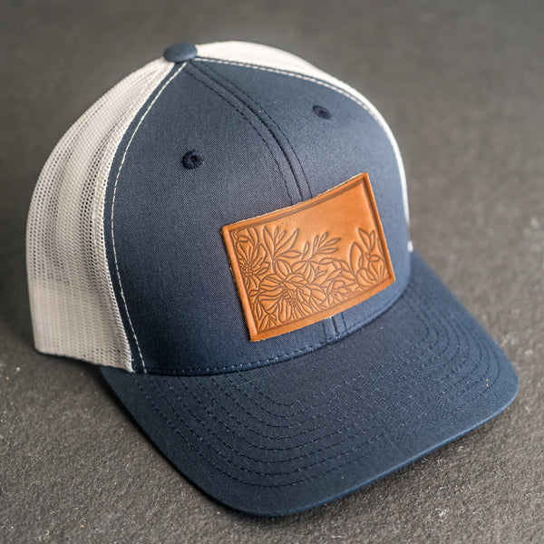Leather Patch Trucker Style Hat - Floral Stamp