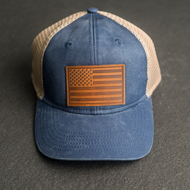 Leather Patch Ponytail Style Hat - American Flag Stamp