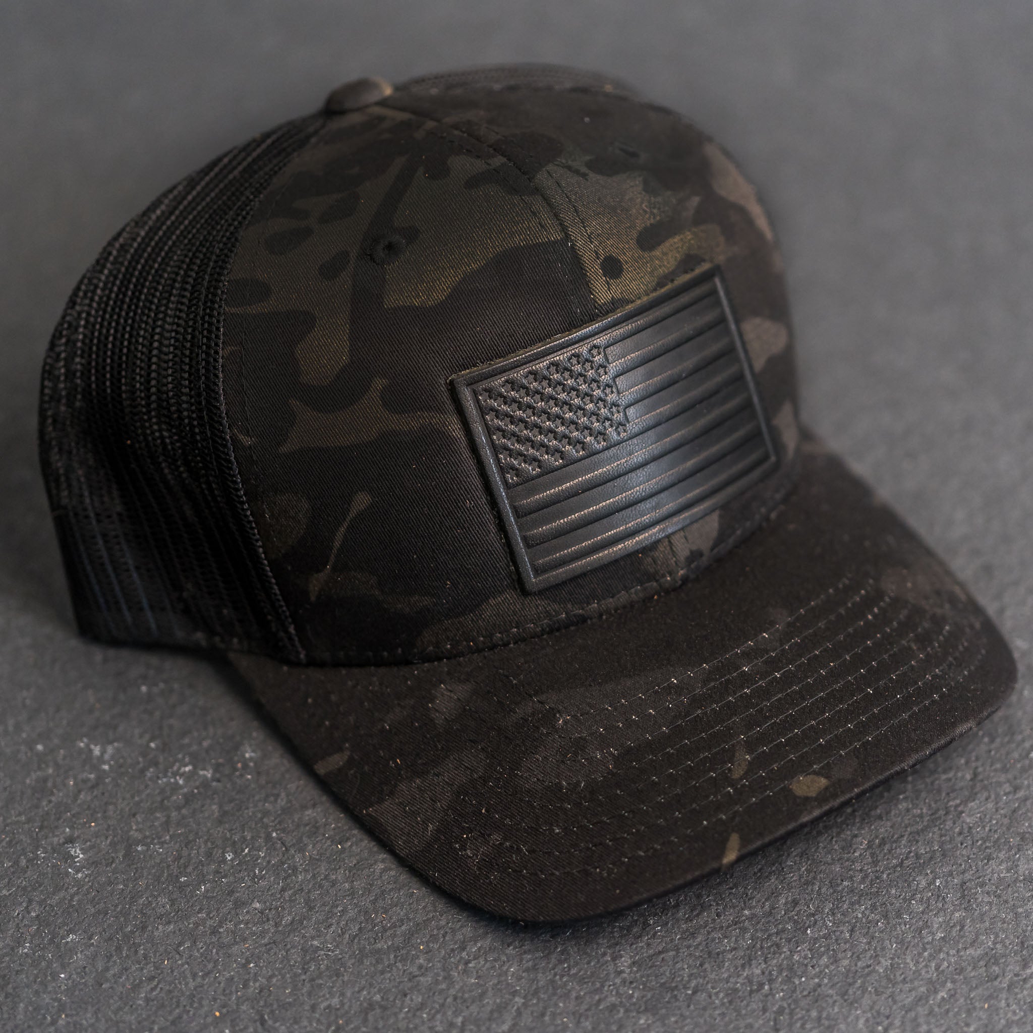 Leather Patch Trucker Style Hats - Black Multicam w/Black Leather Patch - American Flag Your artwork/logo