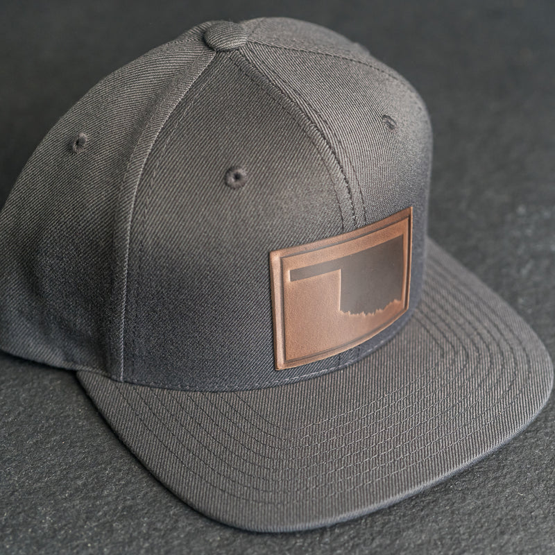 LIMITED EDITION - FLAT BILL Style Hat with Leather Patch - Dark Gray Hat - 30+ Stamp Design Options