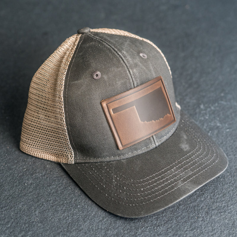 Leather Patch Ponytail Style Hat - Oklahoma Stamp