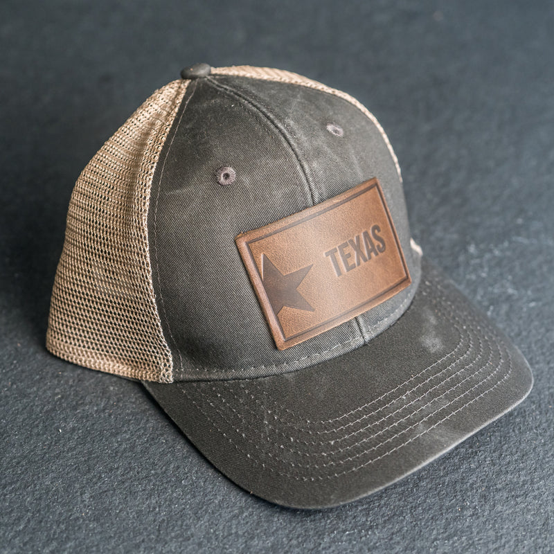 Leather Patch Ponytail Style Hat - Texas License Plate Stamp