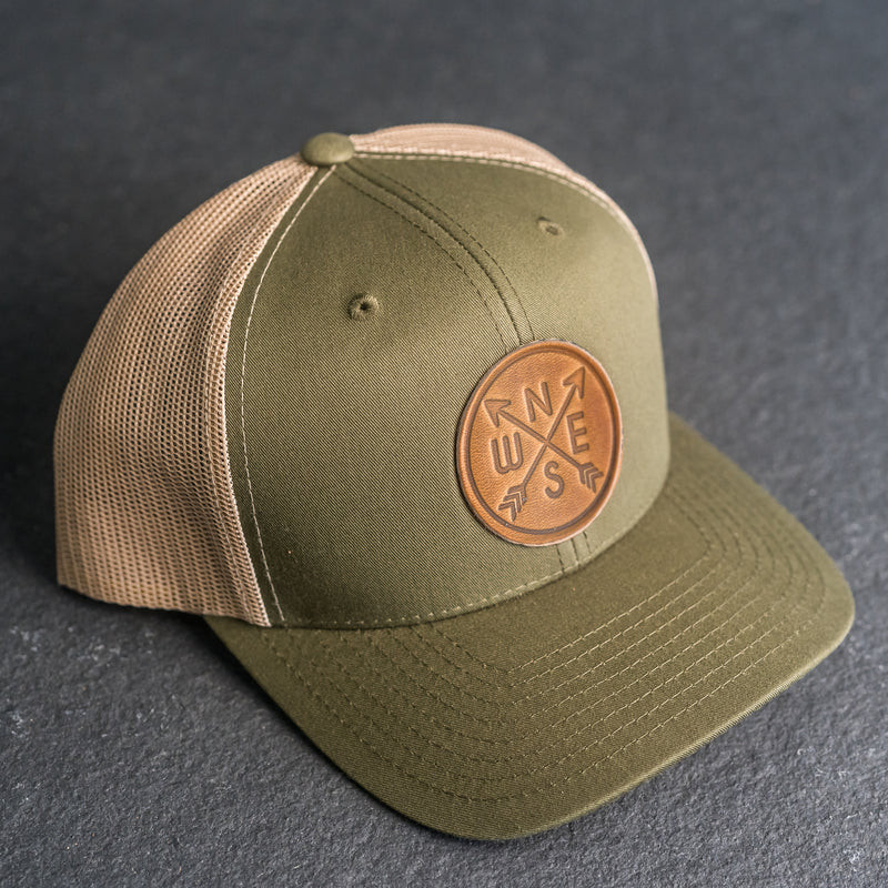 Leather Patch Trucker Style Hat - Compass Rose Stamp
