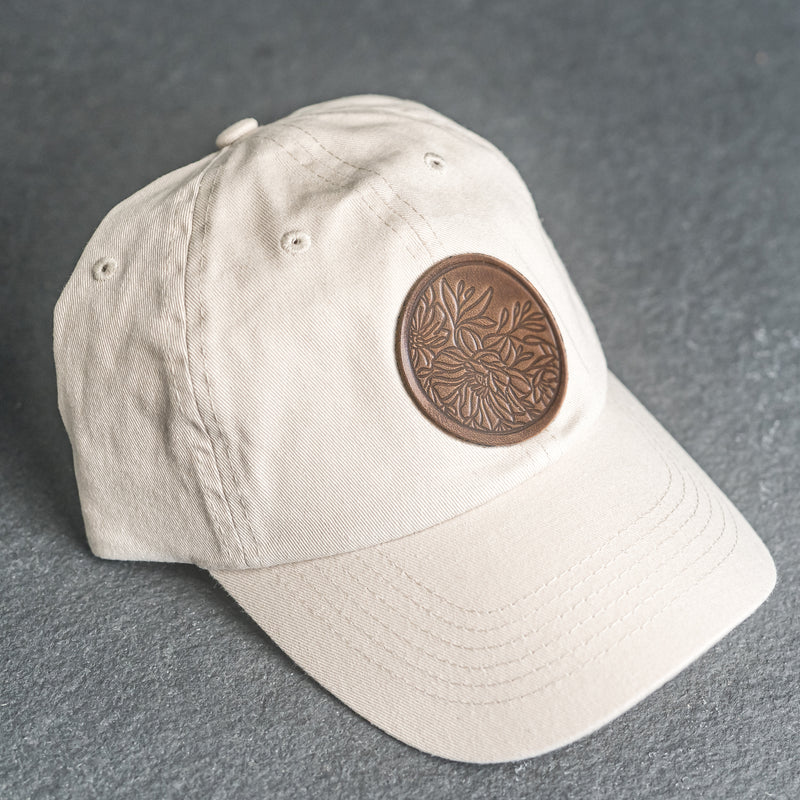 Leather Patch Unstructured Style Hat - Circle Patch - Floral Stamp
