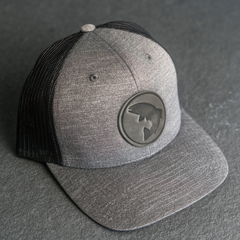 Leather Patch Performance Style Trucker Hat - Circle Patch - Fish Stamp