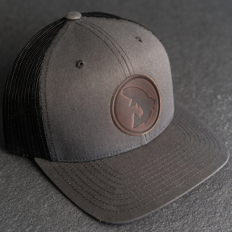 Leather Patch Trucker Style Hat - Circle Patch - Fish Stamp