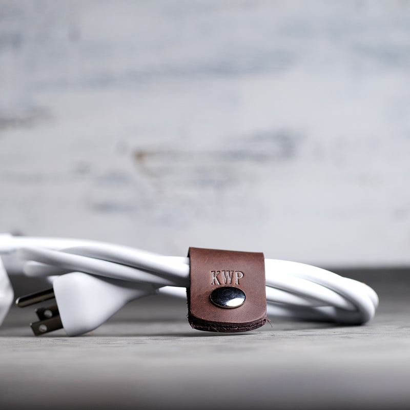 Personalized Leather Cord Wrap for Laptop Charger - Ox & Pine - Dark Brown