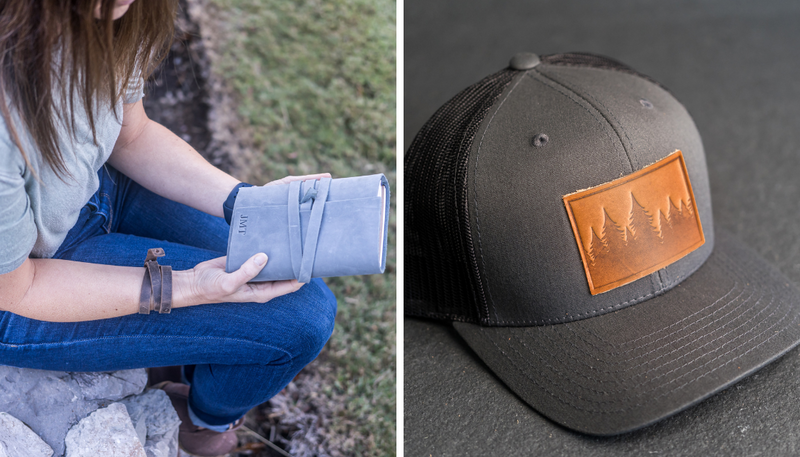 Leather Anniversary Gifts for your 3rd anniversary - Leather patch trucker hat and personalized leather journal