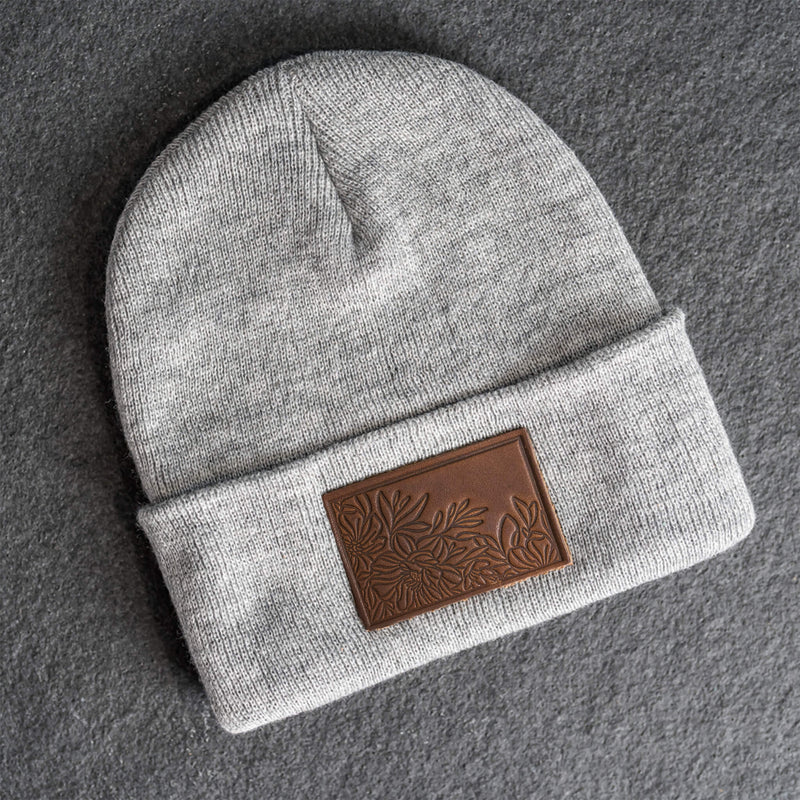 Beanie with Leather Patch Attached - Floral Stamp