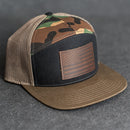 Leather Patch Flat Bill 7 Panel Trucker Hat - American Flag Stamp