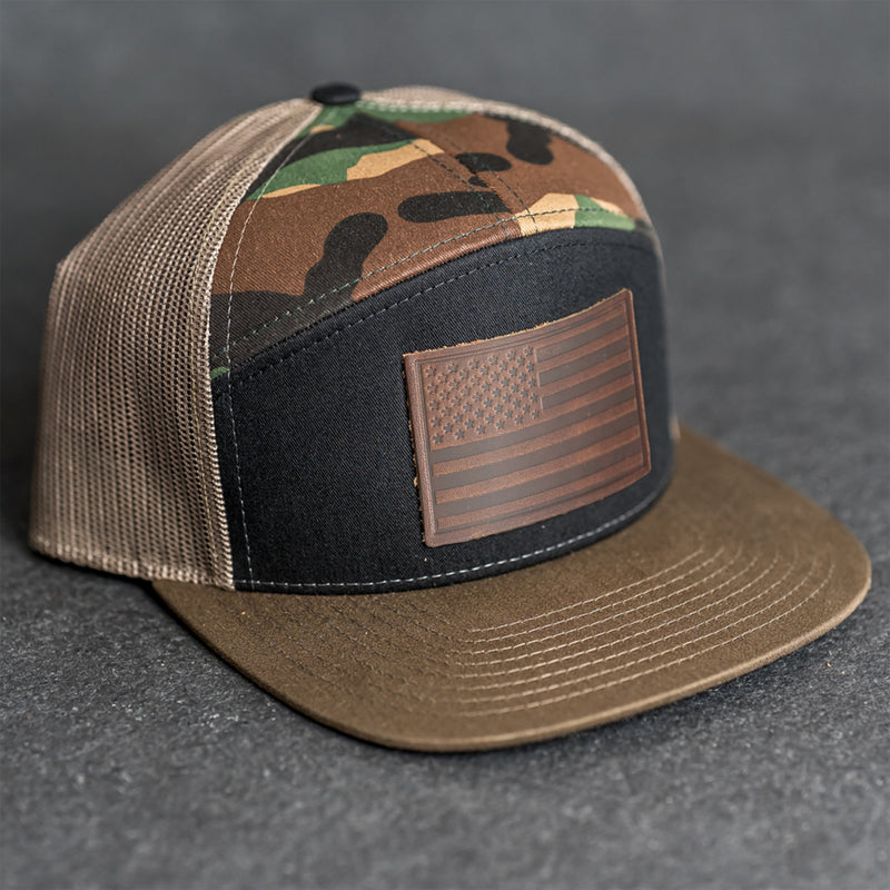Leather Patch Flat Bill 7 Panel Trucker Hat - American Flag Stamp