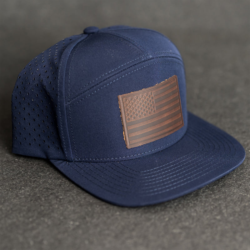 Leather Patch Flat Bill 7 Panel Perforated Performance Hat - American Flag Stamp