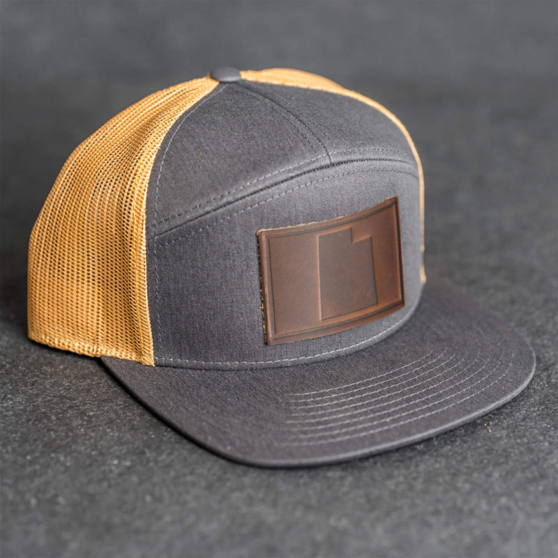 Leather Patch Flat Bill 7 Panel Trucker Hat - Utah Stamp