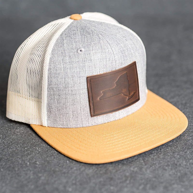 Leather Patch Flat Bill Trucker Hat - New York Stamp