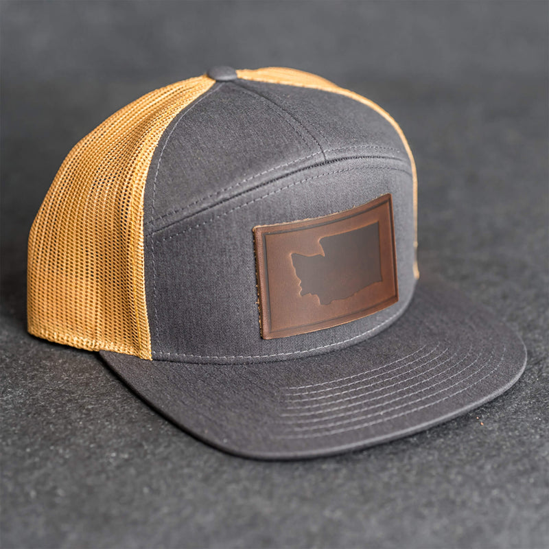 Leather Patch Flat Bill 7 Panel Trucker Hat - Washington Stamp