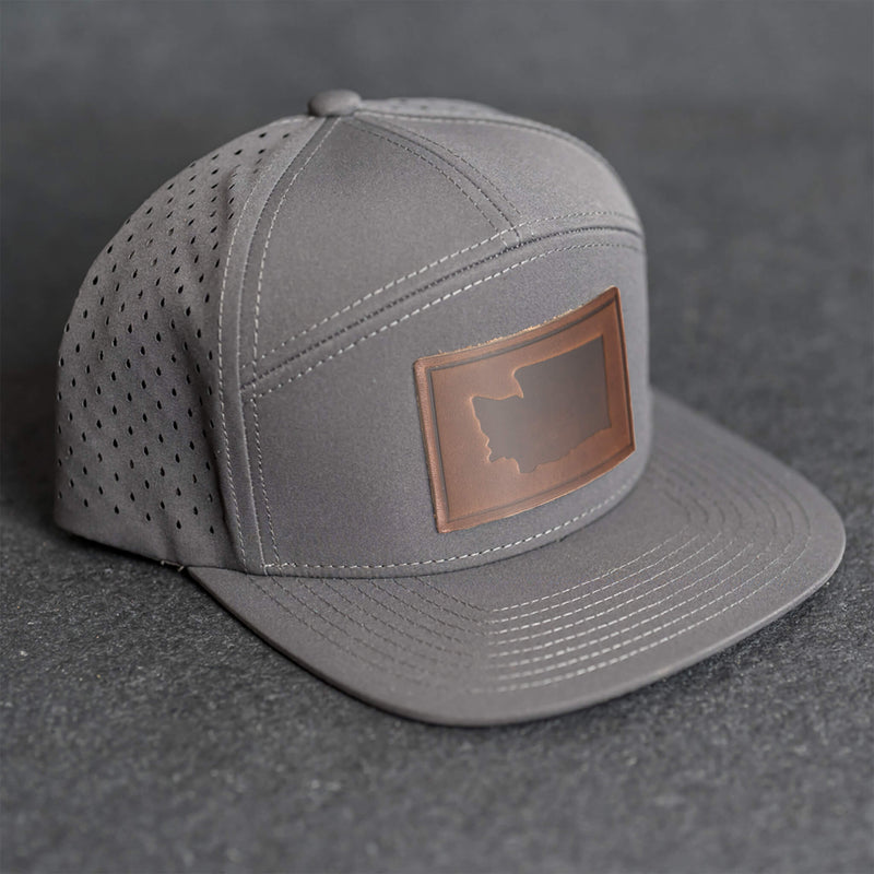 Leather Patch Flat Bill 7 Panel Perforated Performance Hat - Washington Stamp