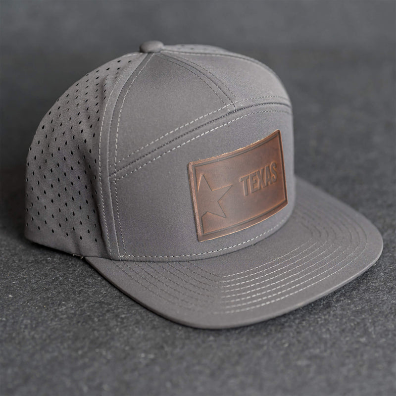 Leather Patch Flat Bill 7 Panel Perforated Performance Hat - Texas License Plate Stamp