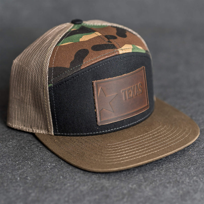 Leather Patch Flat Bill 7 Panel Trucker Hat - Texas License Plate Stamp