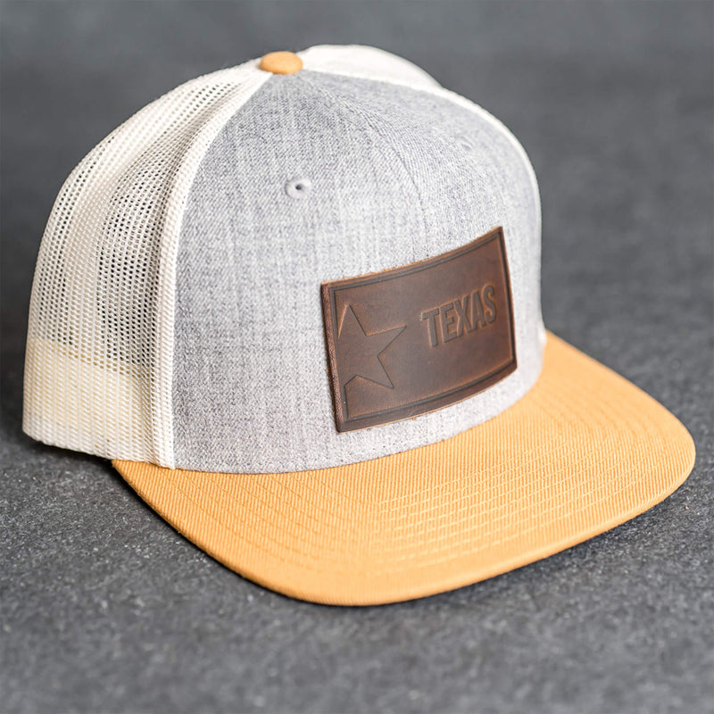 Leather Patch Flat Bill Trucker Hat - Texas License Plate Stamp