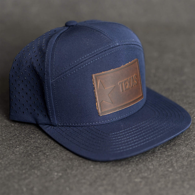 Leather Patch Flat Bill 7 Panel Perforated Performance Hat - Texas License Plate Stamp
