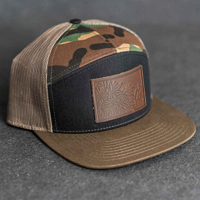 Leather Patch Flat Bill 7 Panel Trucker Hat - Floral Stamp
