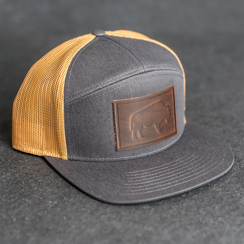Leather Patch Flat Bill 7 Panel Trucker Hat - Bison Stamp