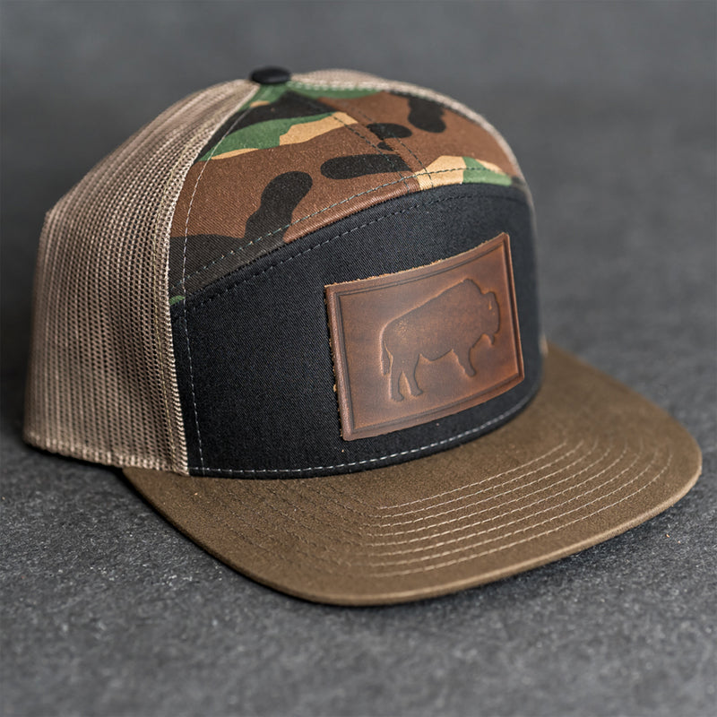 Leather Patch Flat Bill 7 Panel Trucker Hat - Bison Stamp