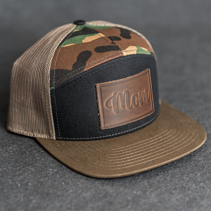 Leather Patch Flat Bill 7 Panel Trucker Hat - Mom Cursive Stamp