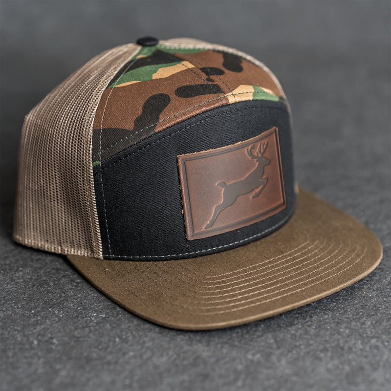 Leather Patch Flat Bill 7 Panel Trucker Hat - Deer Stamp