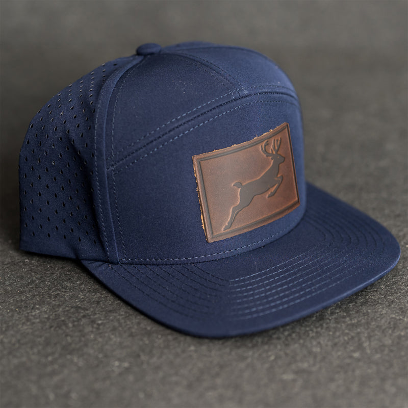 Leather Patch Flat Bill 7 Panel Perforated Performance Hat - Deer Stamp