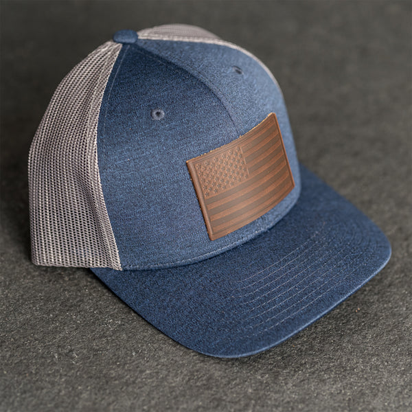 Leather Patch Performance Style Trucker Hat - American Flag Stamp