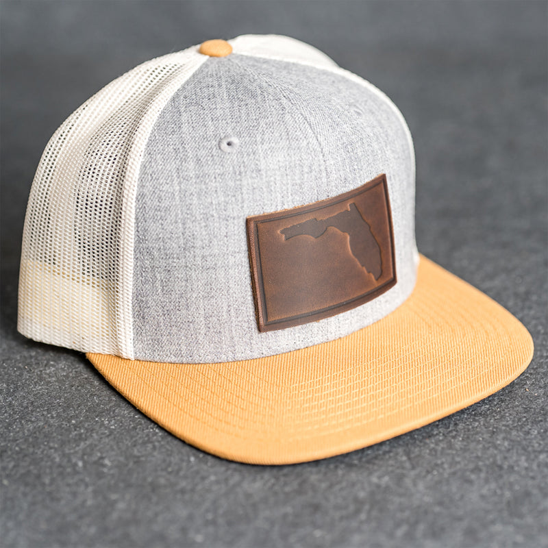Leather Patch Flat Bill Trucker Hat - Florida Stamp