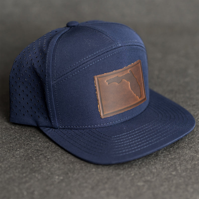 Leather Patch Flat Bill 7 Panel Perforated Performance Hat - Florida Stamp