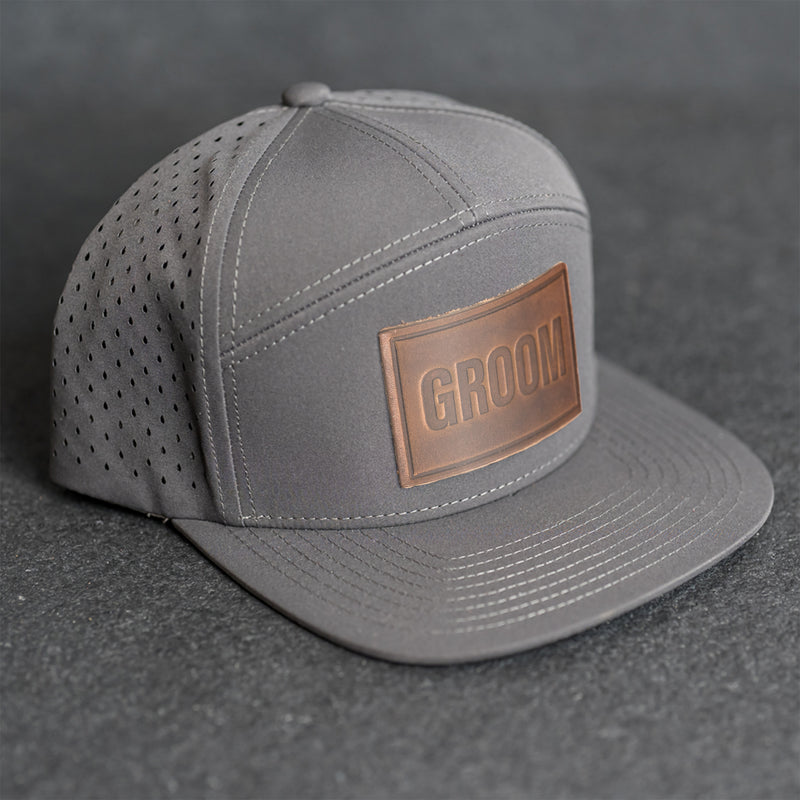 Leather Patch Flat Bill 7 Panel Perforated Performance Hat - Bride or Groom (block) Stamp