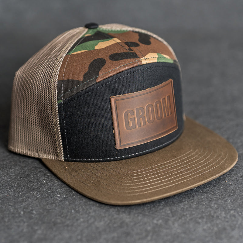 Leather Patch Flat Bill 7 Panel Trucker Hat - Bride or Groom (block) Stamp