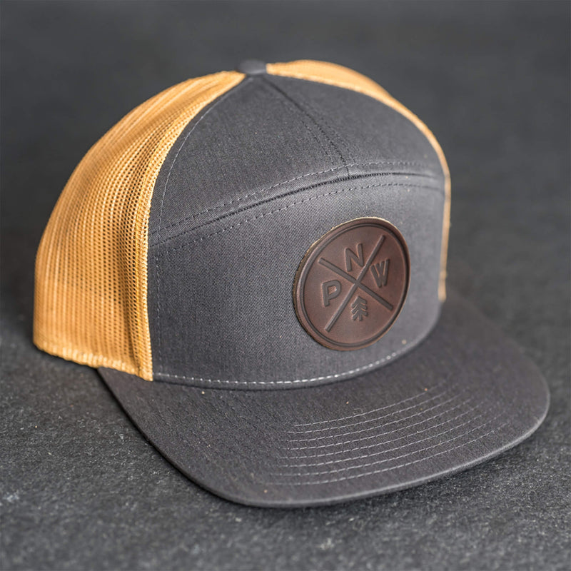 Leather Patch Flat Bill 7 Panel Trucker Hat - PNW Stamp