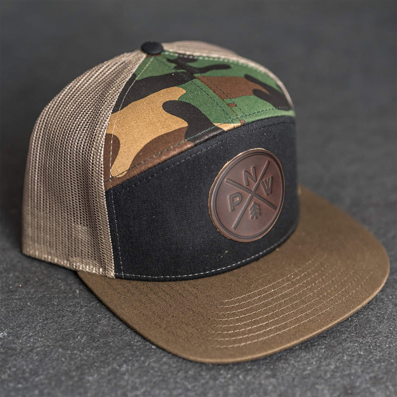 Leather Patch Flat Bill 7 Panel Trucker Hat - PNW Stamp