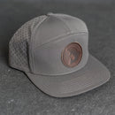 Leather Patch Flat Bill 7 Panel Perforated Performance Hat - Circle Patch - Fish Stamp