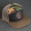 Leather Patch Flat Bill 7 Panel Trucker Hat - Circle Patch - Fish Stamp