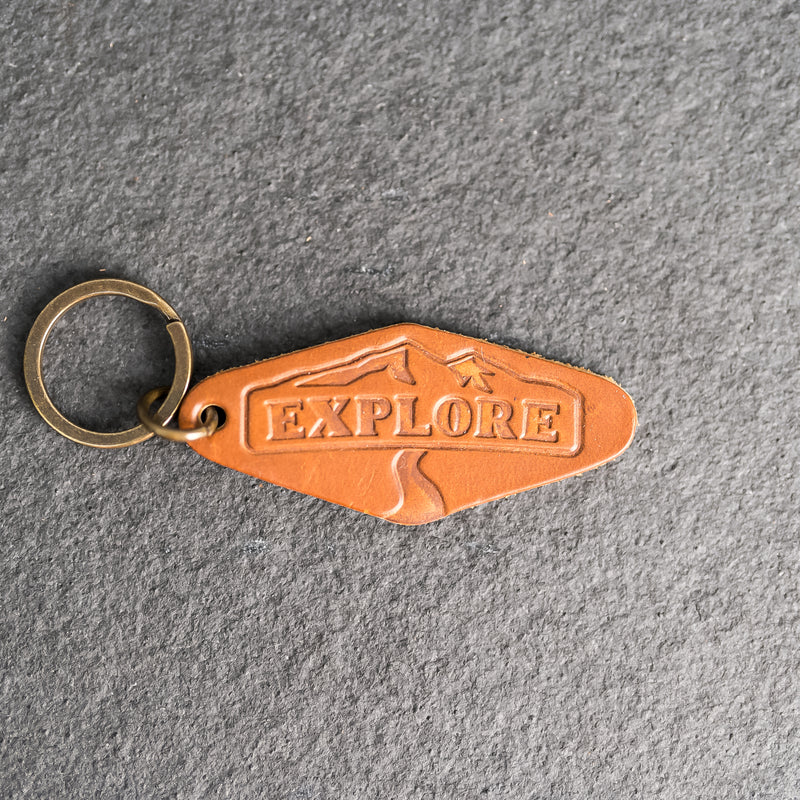 Leather Motel Key Shape Keychain with Explore Stamp Design