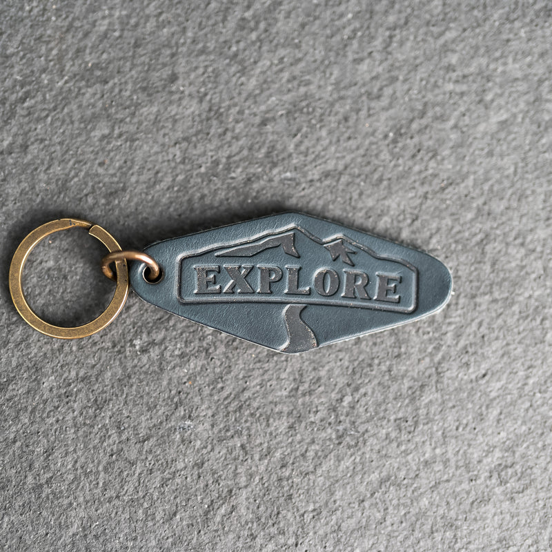 Leather Motel Key Shape Keychain with Explore Stamp Design