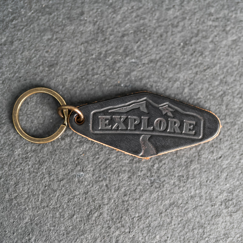 Leather Motel Key Shape Keychain with Explore Stamp Design