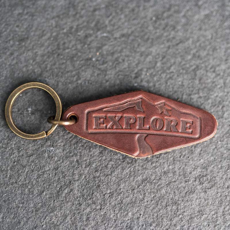 Leather Motel Key Shape Keychain with Explore Stamp Design