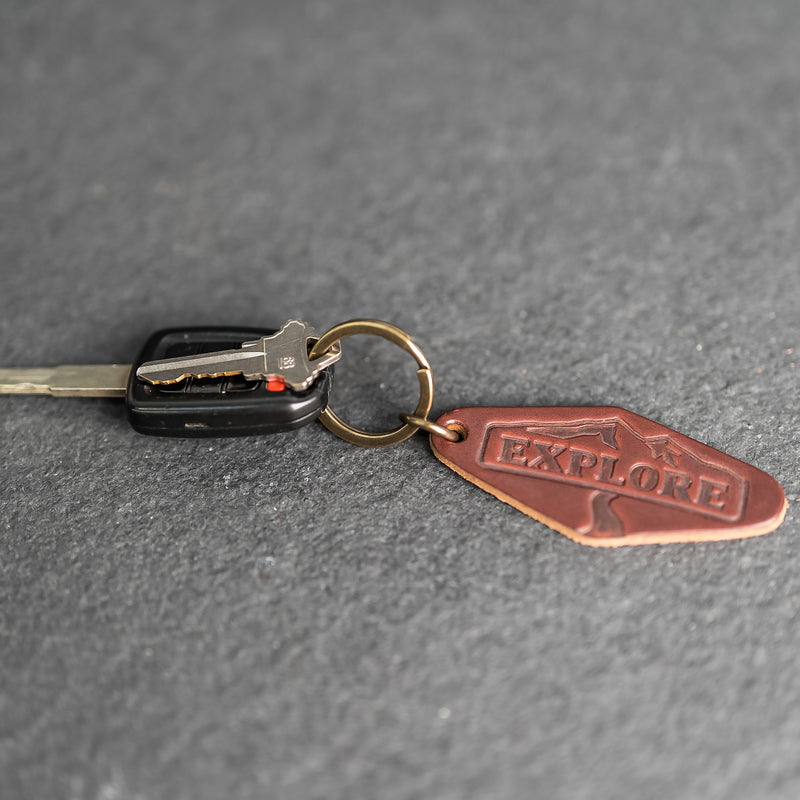 Leather Motel Key Shape Keychain with Explore Stamp Design